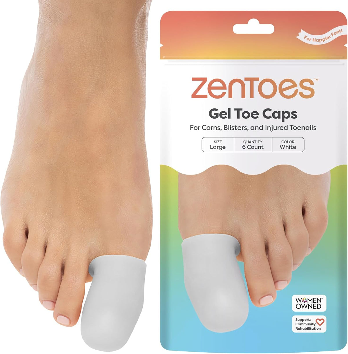 ZenToes Gel Toe Caps, Silicone Toe Protectors, 6-Pack (Large, Beige)