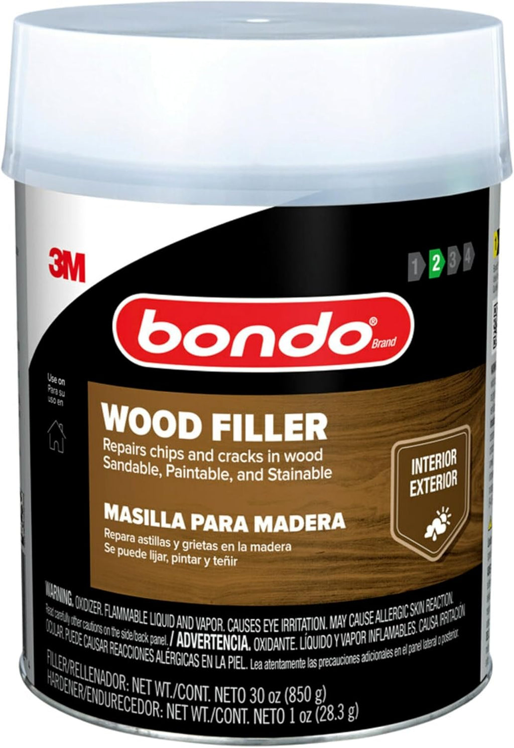 3M Bondo Wood Filler 30 oz (850.49 g) with Bondo Cream Hardner 0.5 oz (14g), Repairs Chips and Cracks in Wood, Sandable, Paintable, and Stainable (WF-QT-ES)