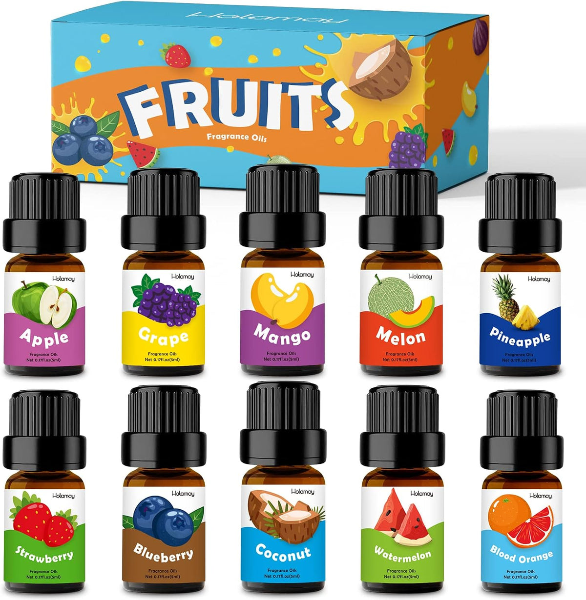 Fruity Fragrance Oil, Holamay Premium Fruit Essential Oils for Diffuser, Candle Soap Making Scents, 10x5ml, Coconut, Strawberry, Mango, Pineapple, More Home Diffusers Oil Scents, Summer Oils Gift Set