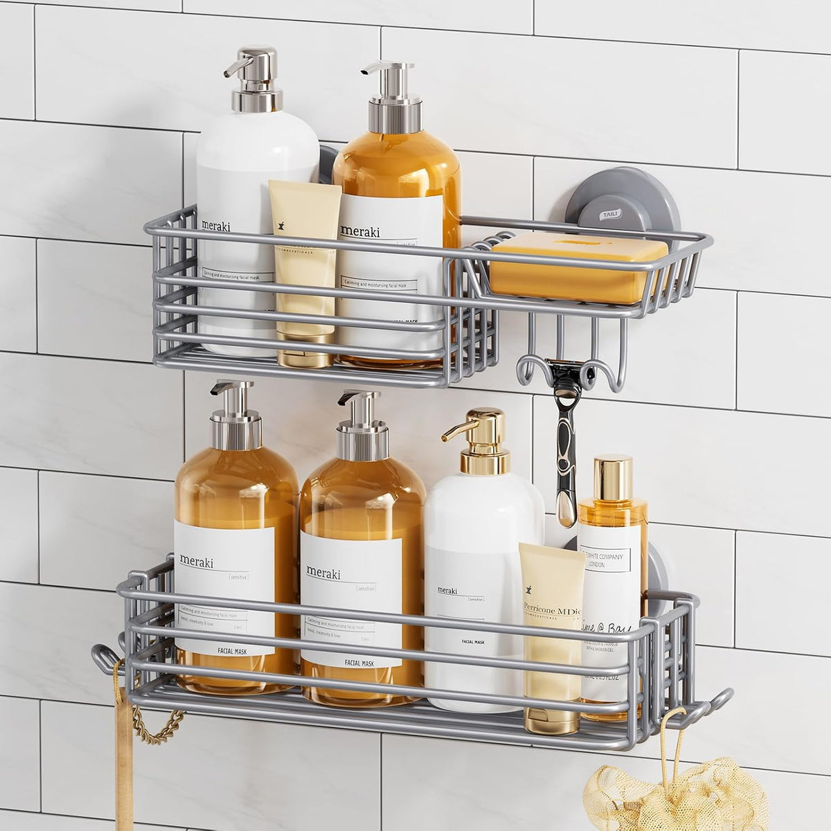 TAILI Shower Caddy Suction Cup 2 Pack with Hooks & Soap holder, Black
