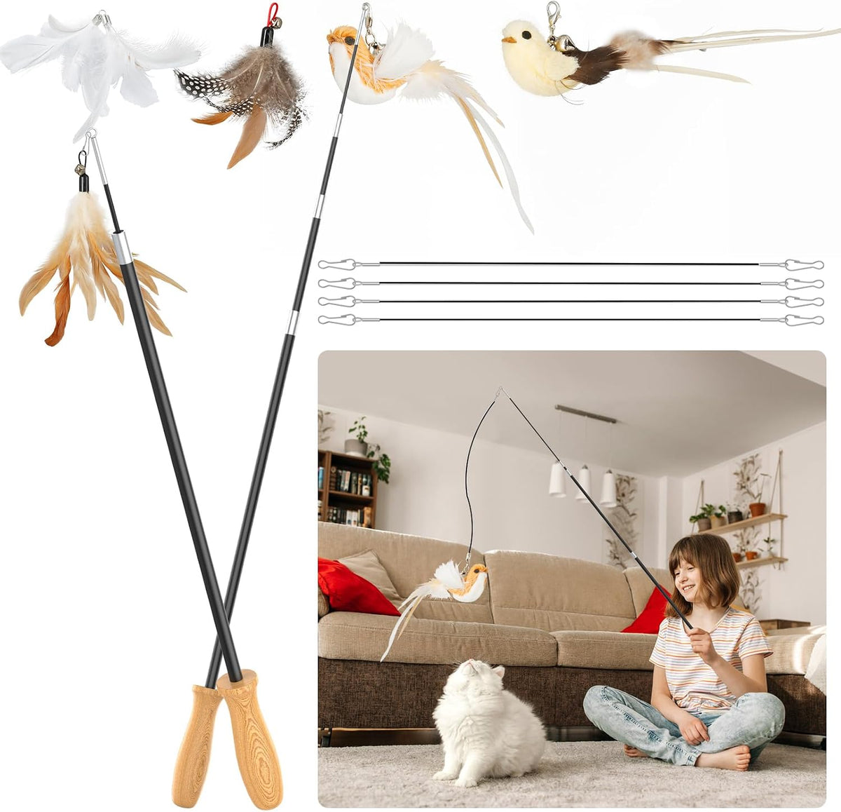 ROSAUI Cat Teaser Wand Toys, Interactive Bird Toys for Indoor Kittens, 42.15’’ Long Cat Fishing Pole Toys, 2Pcs Wires and 5Pcs Natural Refills, Sustainable Wooden Handles, Exercising, Playing