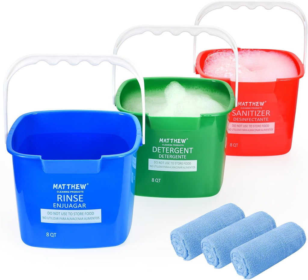 Matthew Red&Green&Blue Detergent and Sanitizing Cleaning Bucket 3 Quart Cleaning Pail,Set of 3 Square Containers,Built-In Spout w/Handle,Wash Rinse Sanitize Handwash Bucket,Incl.3Pcs Microfiber Cloths
