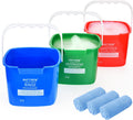Matthew Red&Green&Blue Detergent and Sanitizing Cleaning Bucket 3 Quart Cleaning Pail,Set of 3 Square Containers,Built-In Spout w/Handle,Wash Rinse Sanitize Handwash Bucket,Incl.3Pcs Microfiber Cloths