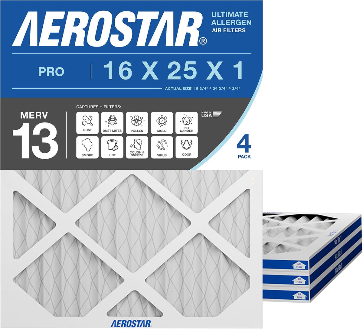 Aerostar Air Filter 16x25x1 MERV 8 AC Filter, HVAC, Furnace Filter, 6 Pack