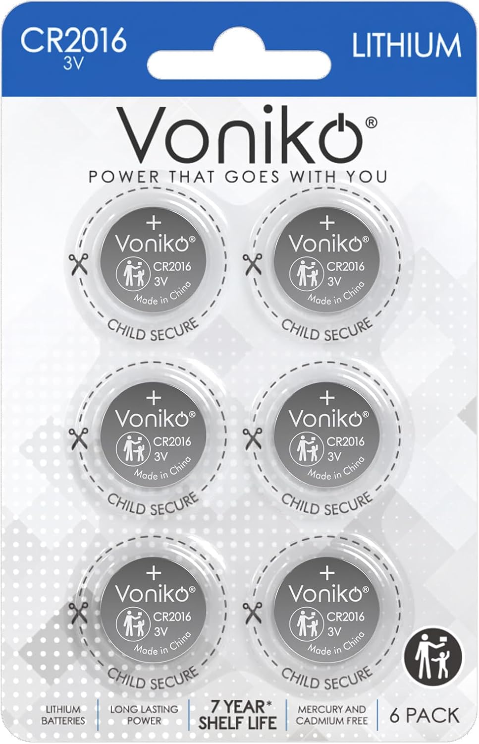 Voniko CR2016 3V Lithium Batteries 5 Pack for Child Safety, Compatible with Remotes, Key Fobs, Glucose Monitors - 7 Years Shelf Life