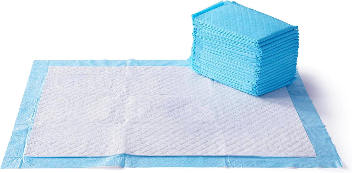 Amazon Basics X-Large Heavy Duty Absorbent Puppy Potty Pads, Leak-Proof, Quick-Dry, Super Absorbent Gel Technology for Dog Training, 28 x 34 Inches, Blue & White, Pack of 50