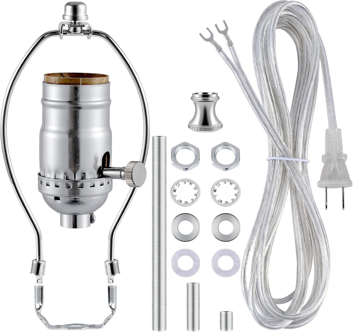 Lamp Rewire Kit - 3-Way Socket With Matching Cord and Harp Set for Table or Floor Lamp Repair, Essential Hardware for DIY Design (Antique Brass, 1)