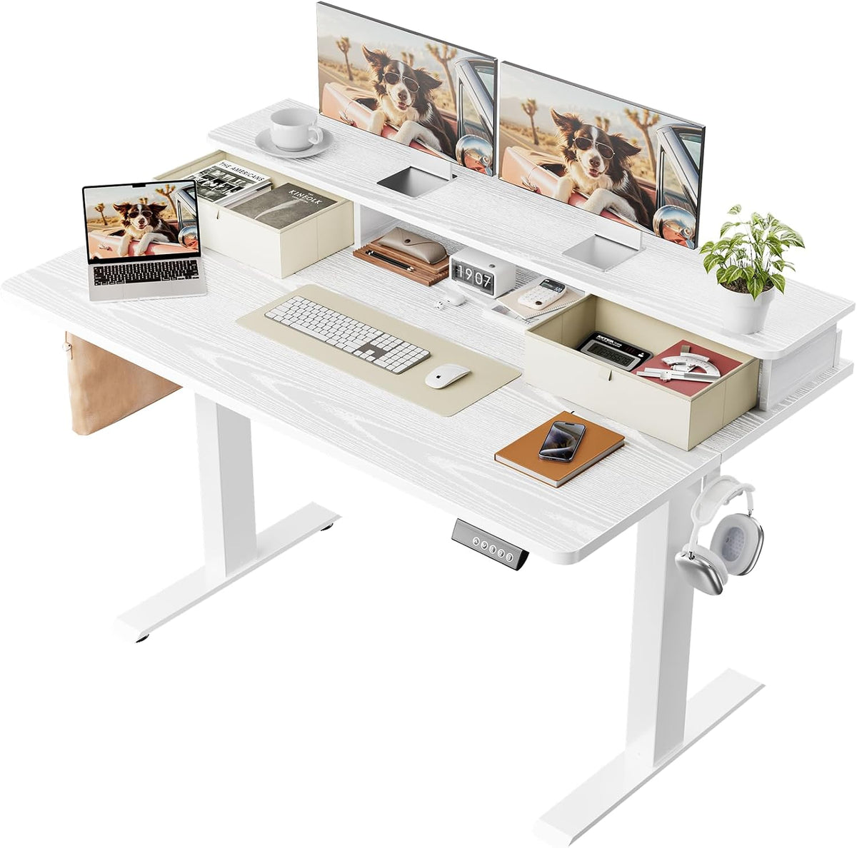 Veken 47x28 in Electric Standing Desk with Drawers, Adjustable Table, Brown