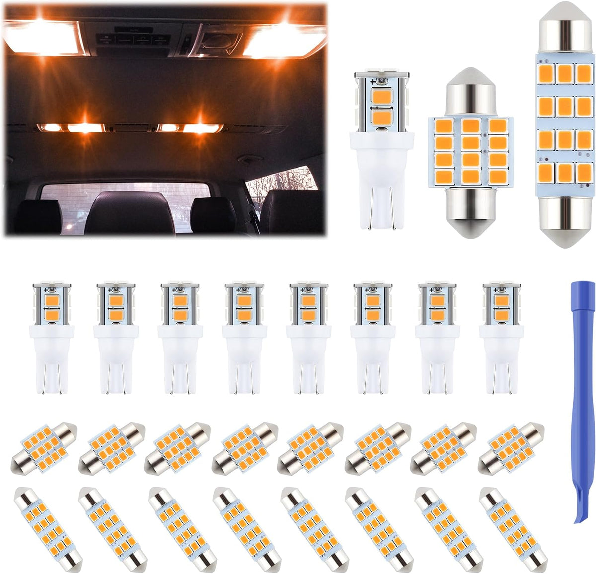 iFunyLED 24 Pieces Dome Light LED Car Interior Bulb Kit Set 194 T10 DE3175 578 31mm 42mm Bulbs Interior Replacement Lights for Car Map License Plate Door Side Marker Cornering Trunk Light - White
