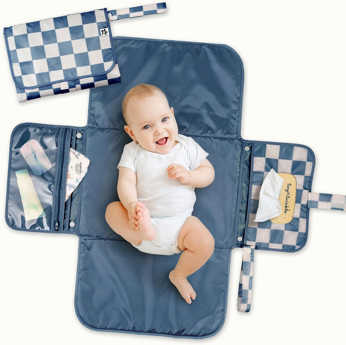 Tiny Twinkle Portable Diaper Changing Pad | Waterproof, Wipeable & Compact Baby Changing Pad for Travel | Smart Wipes Pocket & Organized Storage| Newborn Shower Gift (Sage Checkers)