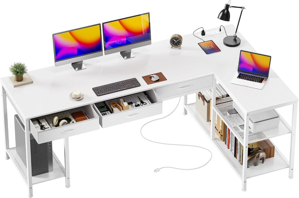 PRAISUN 55 Inch L Shaped Office Desk with Power Outlets and Type-C Port, Large Computer Gaming Desk with 3 Fabric Drawers, Mesh Shelves, Corner Study Work Writing Desk, Rustic Brown