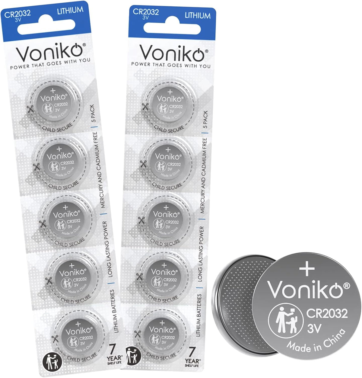 Voniko CR2032 3V Lithium Batteries 6 Pack for Child Safety, Compatible with AirTag, Key Fobs, Thermometers, Scales – 7 Years Shelf Life