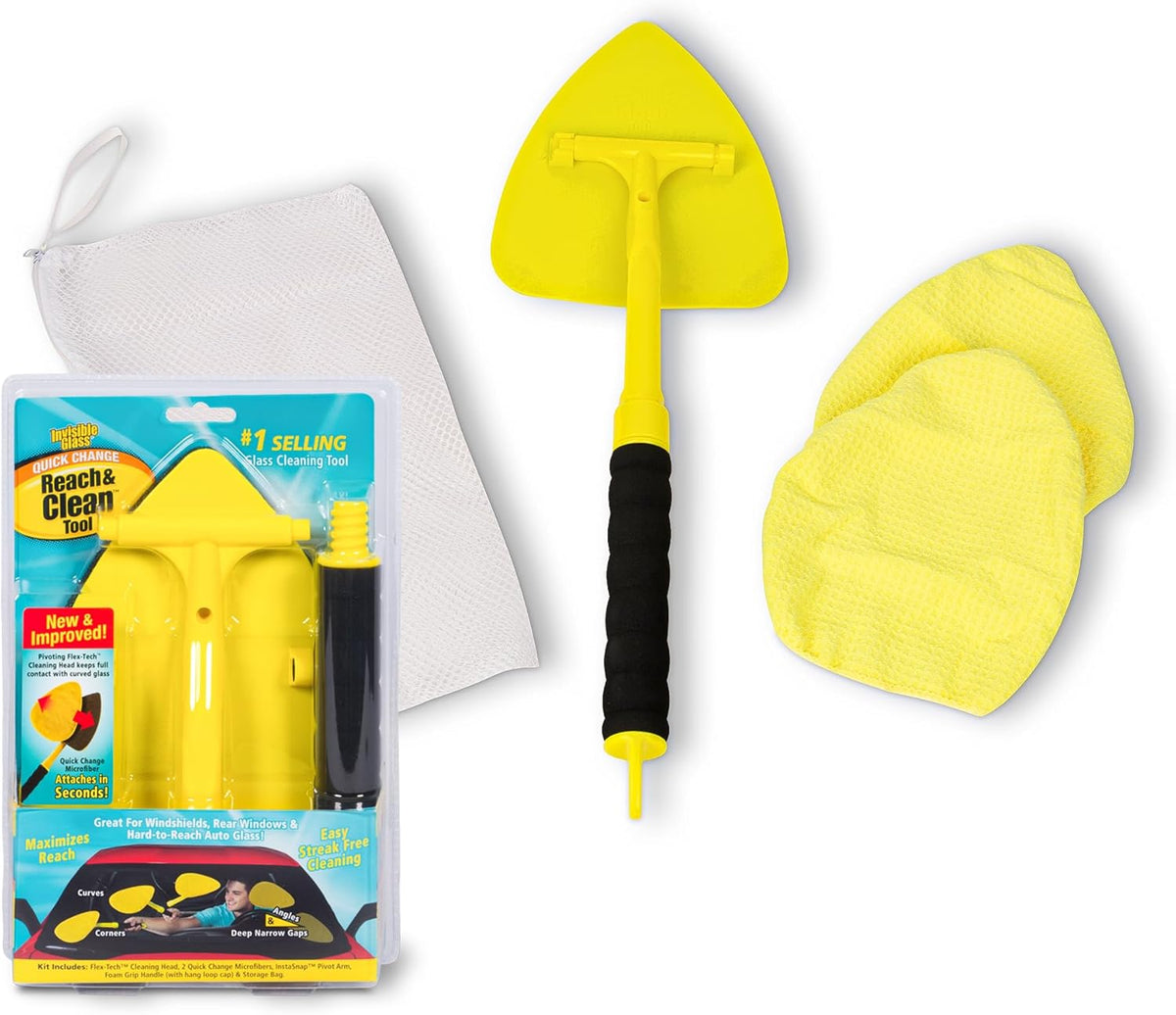 Invisible Glass 95160 Reach & Clean Windshield Cleaning Tool and Car Window Cleaner Tool for Interior and Exterior Auto Glass, Trucks, SUVs, RVs and Home Windows with 2 Microfiber Pads and Storage Bag