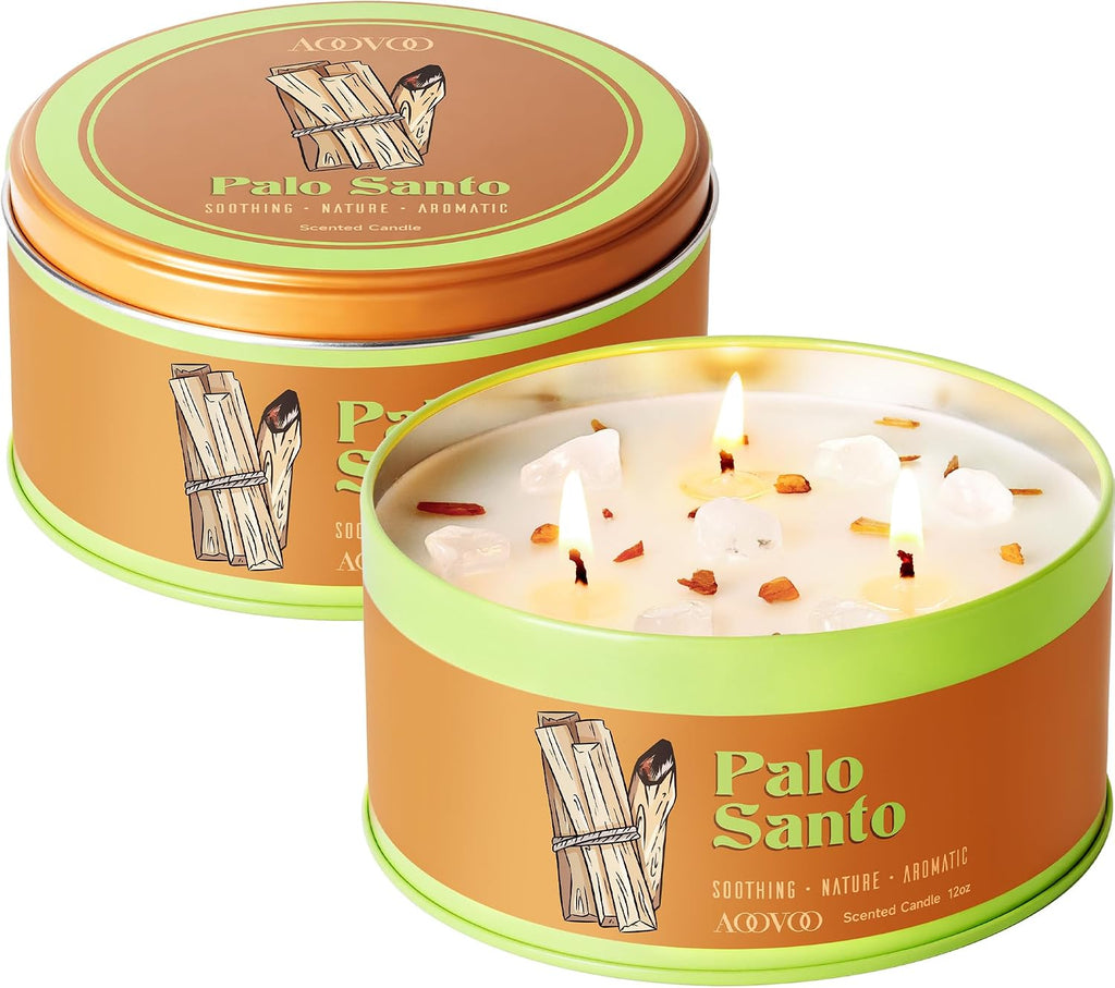 AOOVOO Sage Candle for Cleansing - 3 Wick 12oz Large Scented Candle with Crystals & Sage Leaves Inside, Soy Candles Non Toxic for Meditation Spiritual Gift, Aromatherapy Candle for Women Men