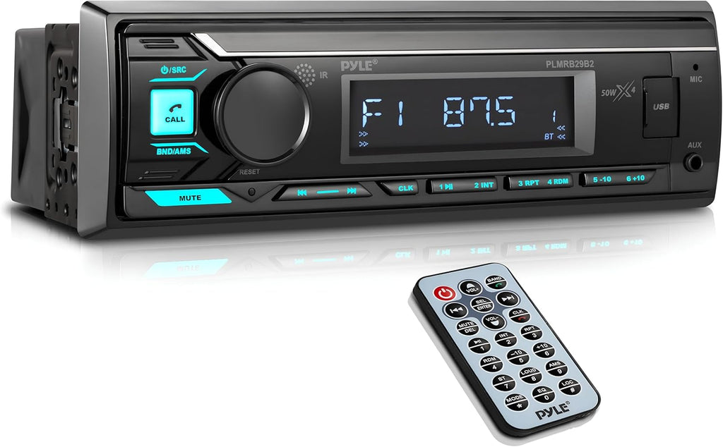 Pyle Marine Bluetooth Stereo Radio - 12v Single DIN Style Boat In dash Radio Receiver System with Built-in Mic, Digital LCD, RCA, MP3, USB, AM FM Radio - Remote Control - PLMRB29B (Black)