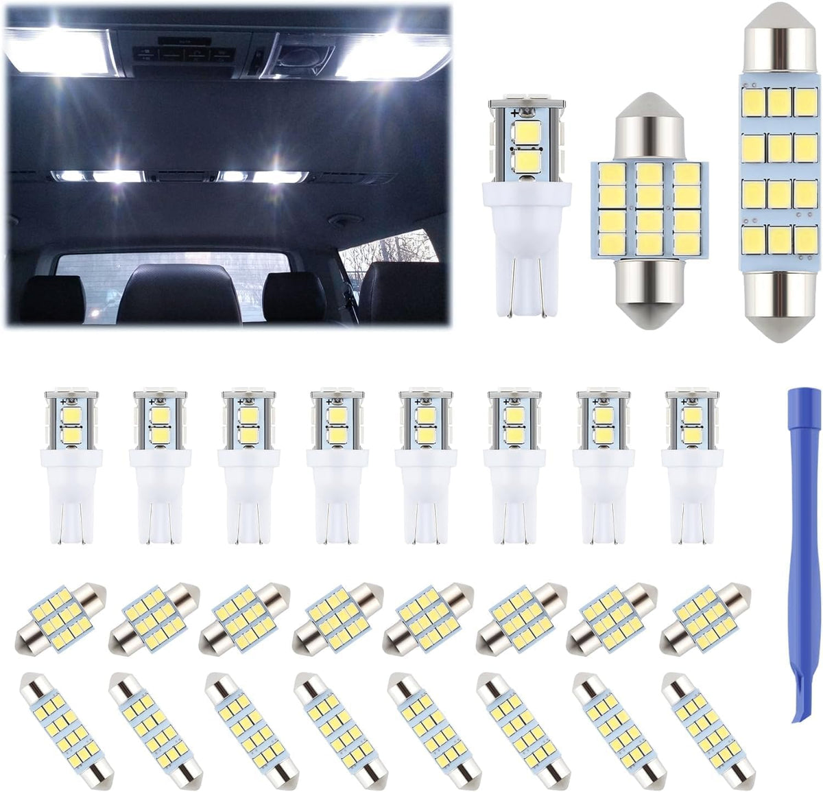 iFunyLED 24 Pieces Dome Light LED Car Interior Bulb Kit Set 194 T10 DE3175 578 31mm 42mm Bulbs Interior Replacement Lights for Car Map License Plate Door Side Marker Cornering Trunk Light - White