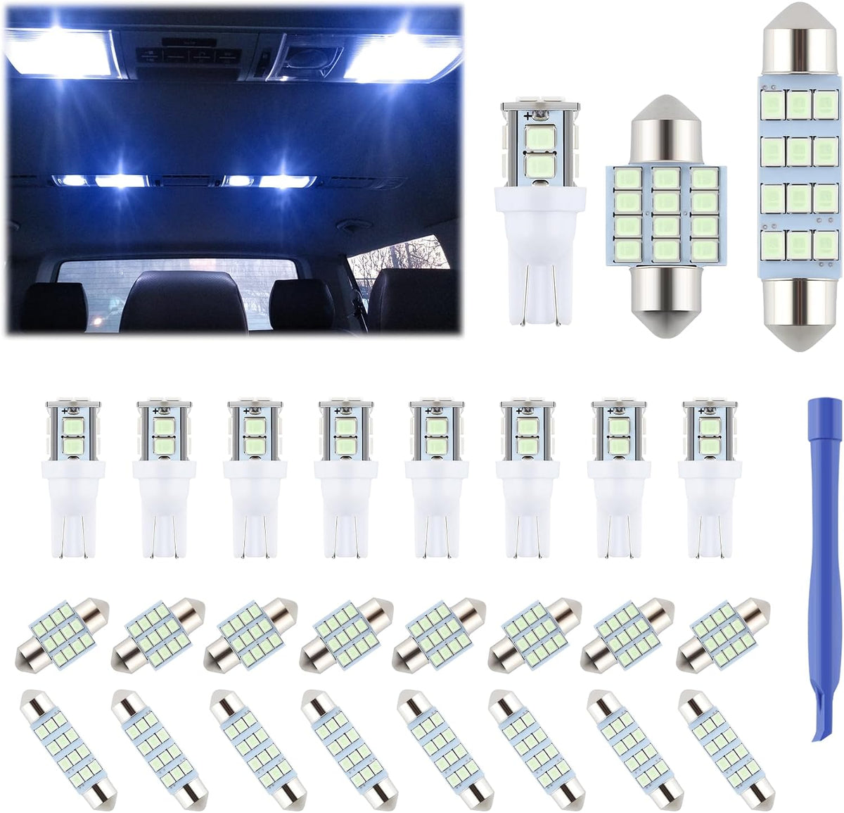 iFunyLED 24 Pieces Dome Light LED Car Interior Bulb Kit Set 194 T10 DE3175 578 31mm 42mm Bulbs Interior Replacement Lights for Car Map License Plate Door Side Marker Cornering Trunk Light - White