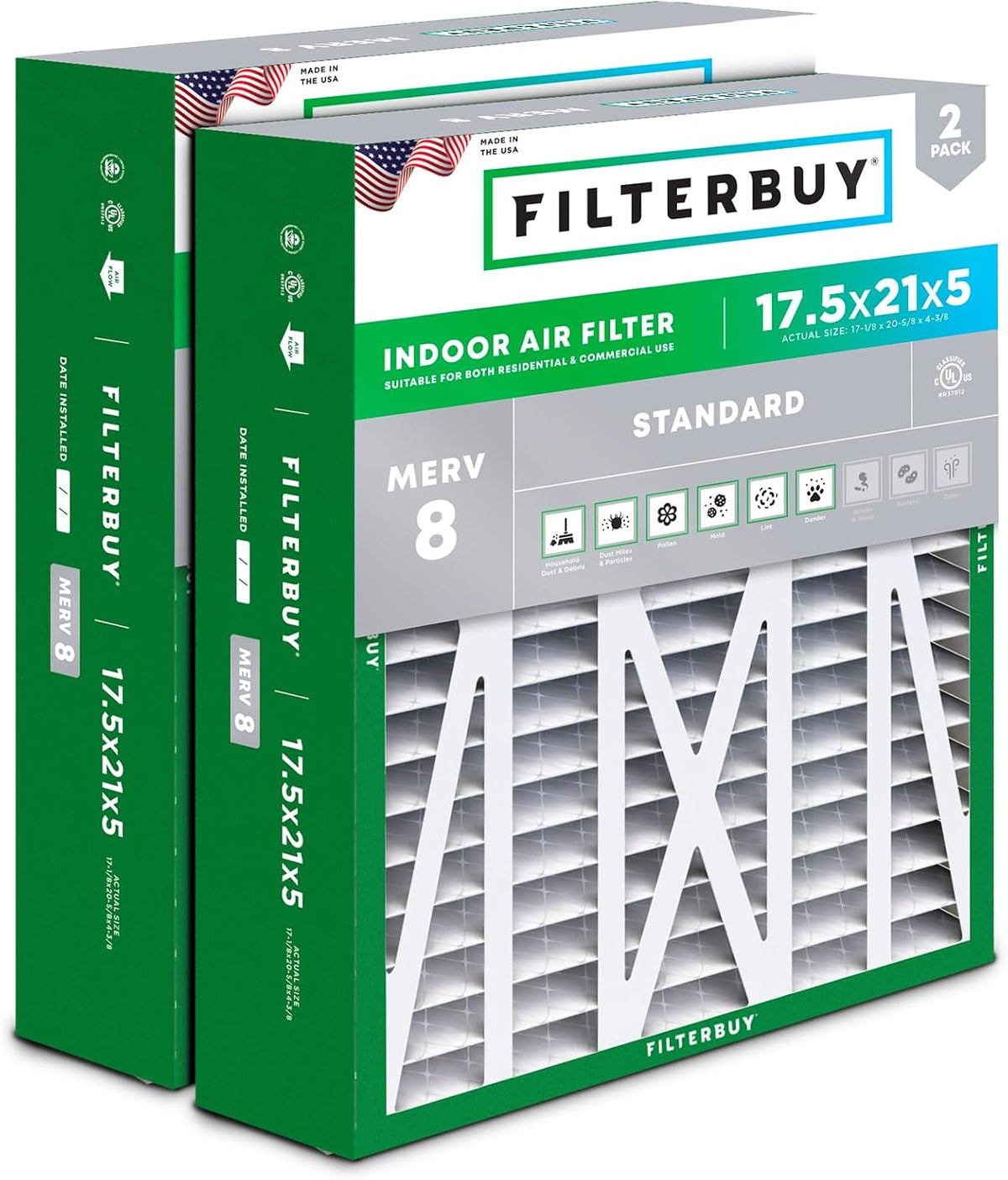 Filterbuy 20x25x5 Air Filter MERV 8 Dust & Allergy Defense (2-Pack)