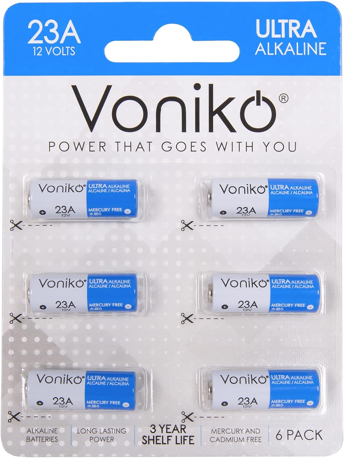 Voniko Alkaline Battery 23A - Ultra 23A Batteries (6-Pack) - Long Lasting 12 Volt A23 Battery for Doorbells and Power Remote
