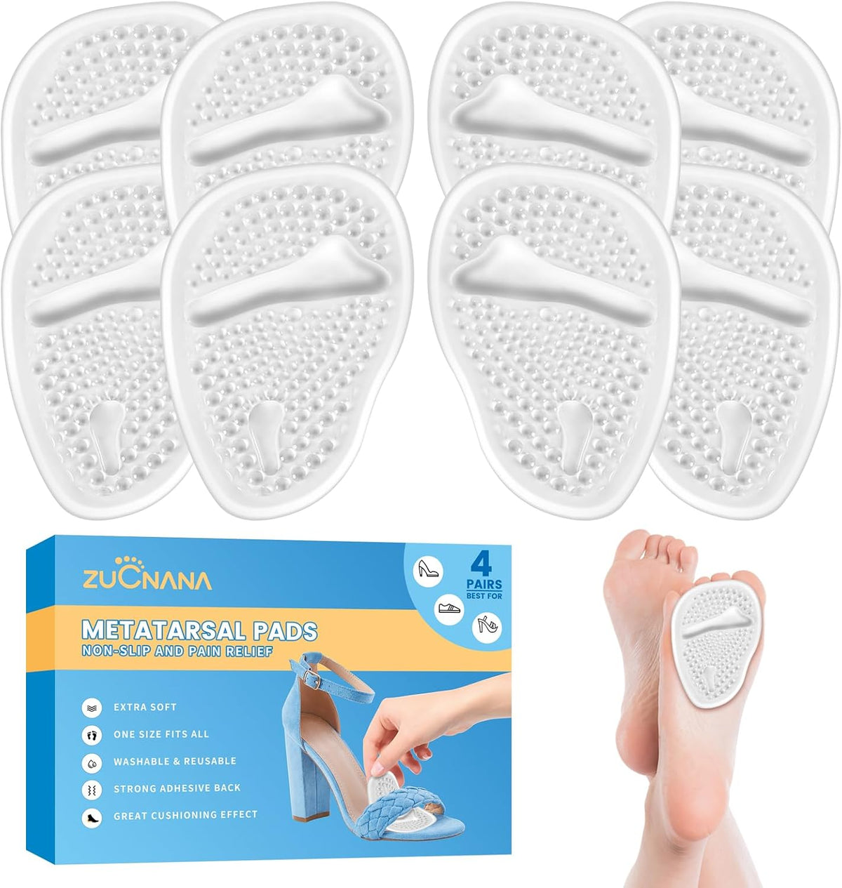 ZUCNANA Ball of Foot Cushions, Gel Shoe Inserts Heel Inserts Women 2 Pairs