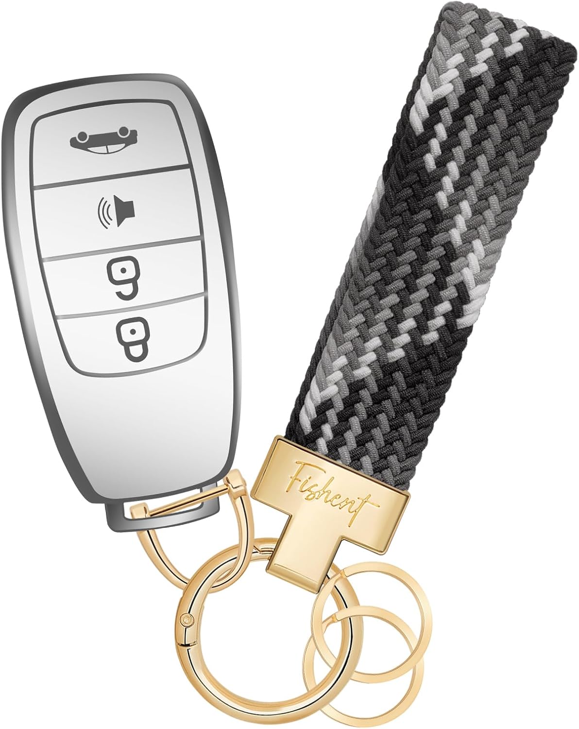 Fishent Stretchy Car Keychain, Nylon Braided Cool Key Chain for Women Men, Universal Key Fob Holder with 3 Keyrings, Anti-Lost D-Ring, Car Accessories, Starlight