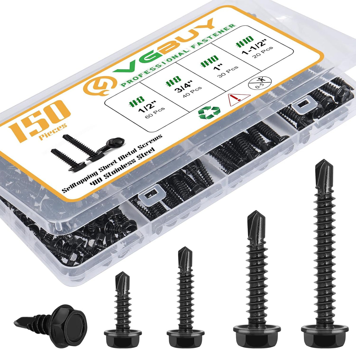 VGBUY 150Pcs Self Drilling Screws Assortment Kit, 410 Stainless Steel Self Tapping Sheet Metal Screws, #8 1/2" 3/4" #10 1" 1-1/2", Hex Washer Head