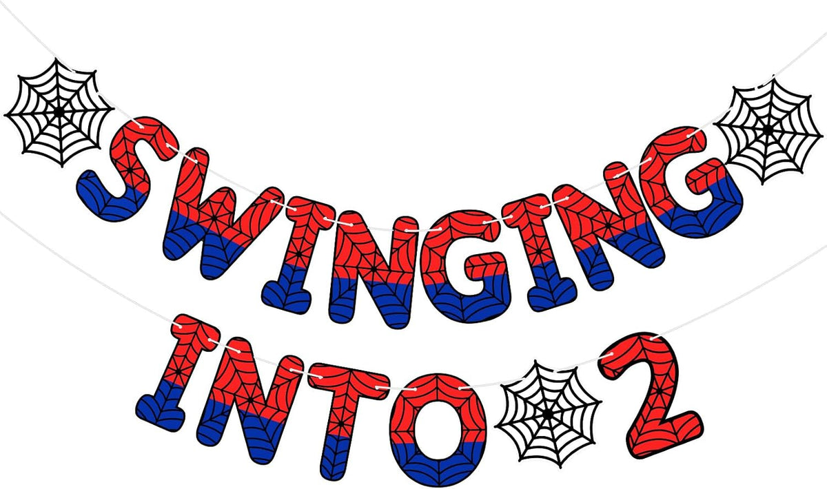 TaoBary Spider Theme 4th Birthday Banner Swinging into 4,Red and Blue