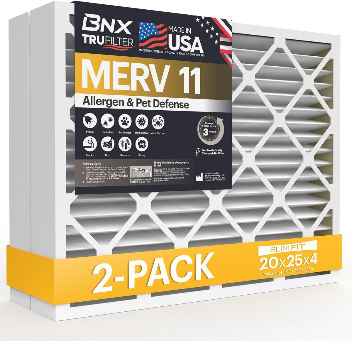 BNX TruFilter 20x20x1 Air Filter MERV 11 (6-Pack) - MADE IN USA - Allergen Defense Electrostatic Pleated Air Conditioner HVAC AC Furnace Filters for Allergies, Dust, Pet, Smoke, Allergy MPR 1200 FPR 7