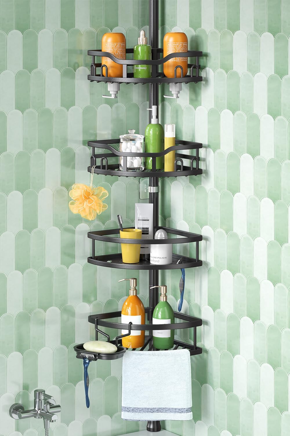 HAMITOR Corner Shower Caddy Tension Pole: Rustproof Stable 4-Tier Bathroom Organizer Shelves for Bathtub Shampoo Storage - 47-121 Inch Quick Install Adjustable Shelf with Soap Rack - Silver Gray