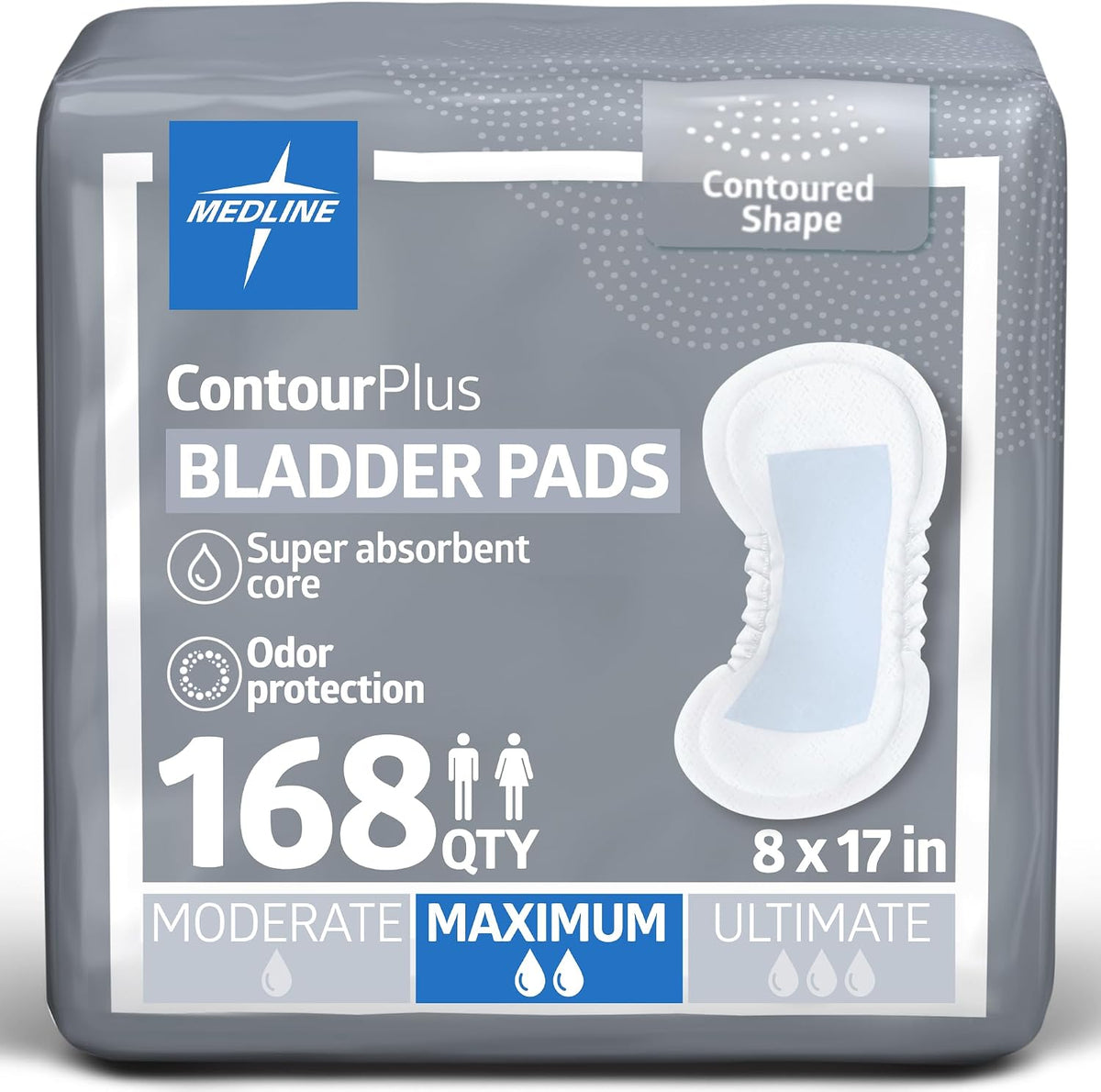 Medline ContourPlus Bladder Control Incontinence Pads, Moderate Absorbency, 5.5" x 10.5", 28 Count