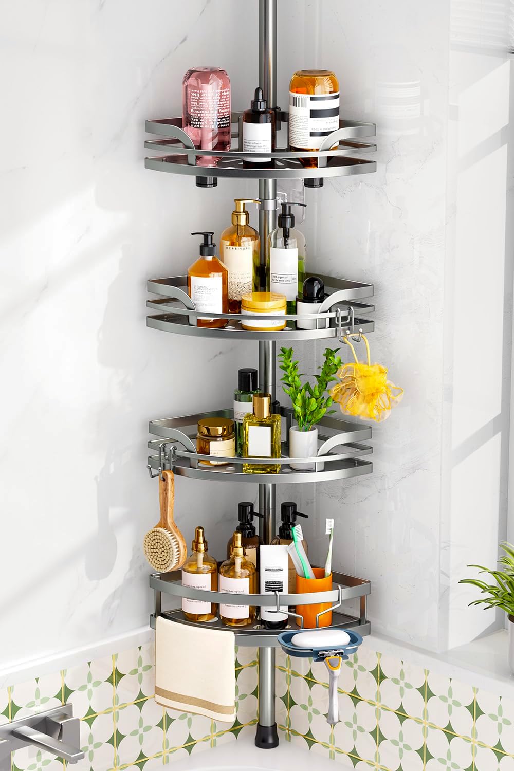 HAMITOR Shower Caddy Tension Pole: Corner Bathroom Organizer for Renters
