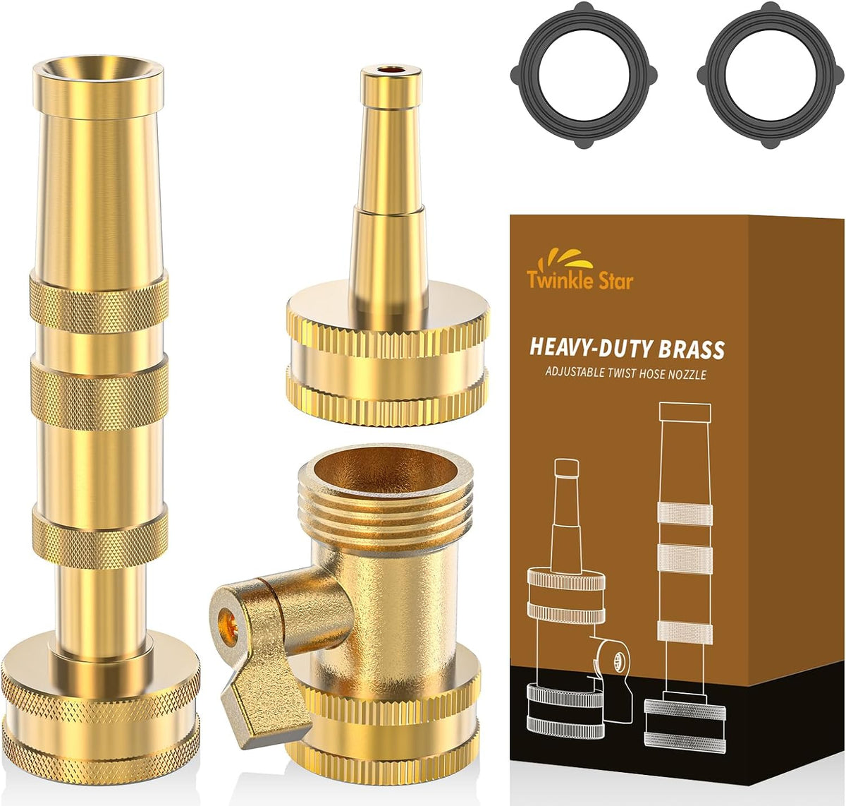 Twinkle Star Heavy-Duty Brass Adjustable Twist Hose Nozzle, 2 Pcs