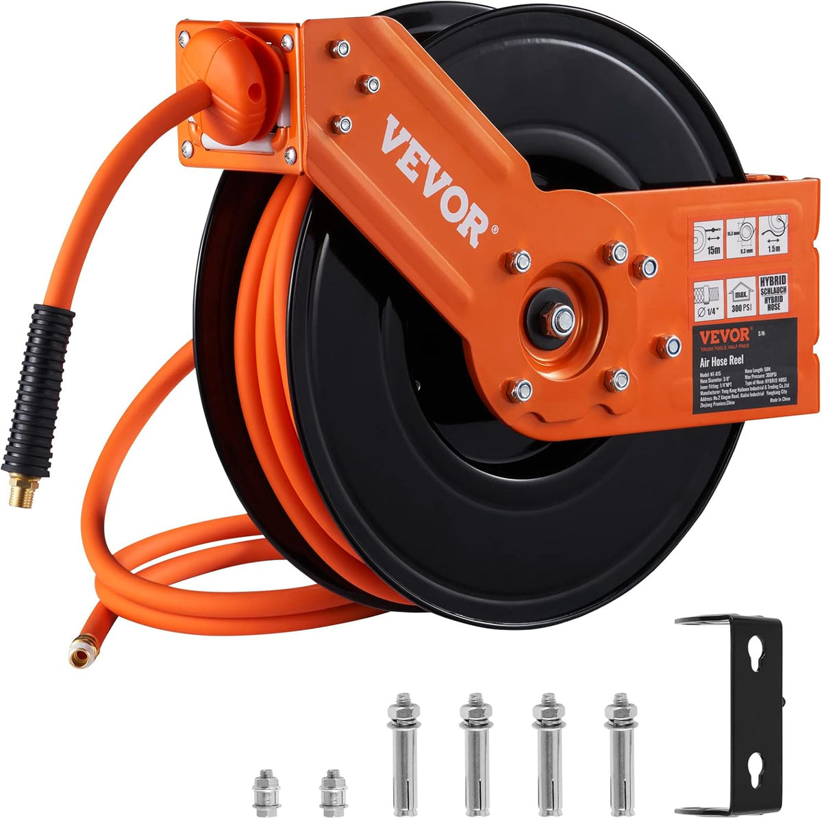 VEVOR Retractable Air Hose Reel 3/8 IN x 50 FT Hybrid Air Hose Max 300PSI