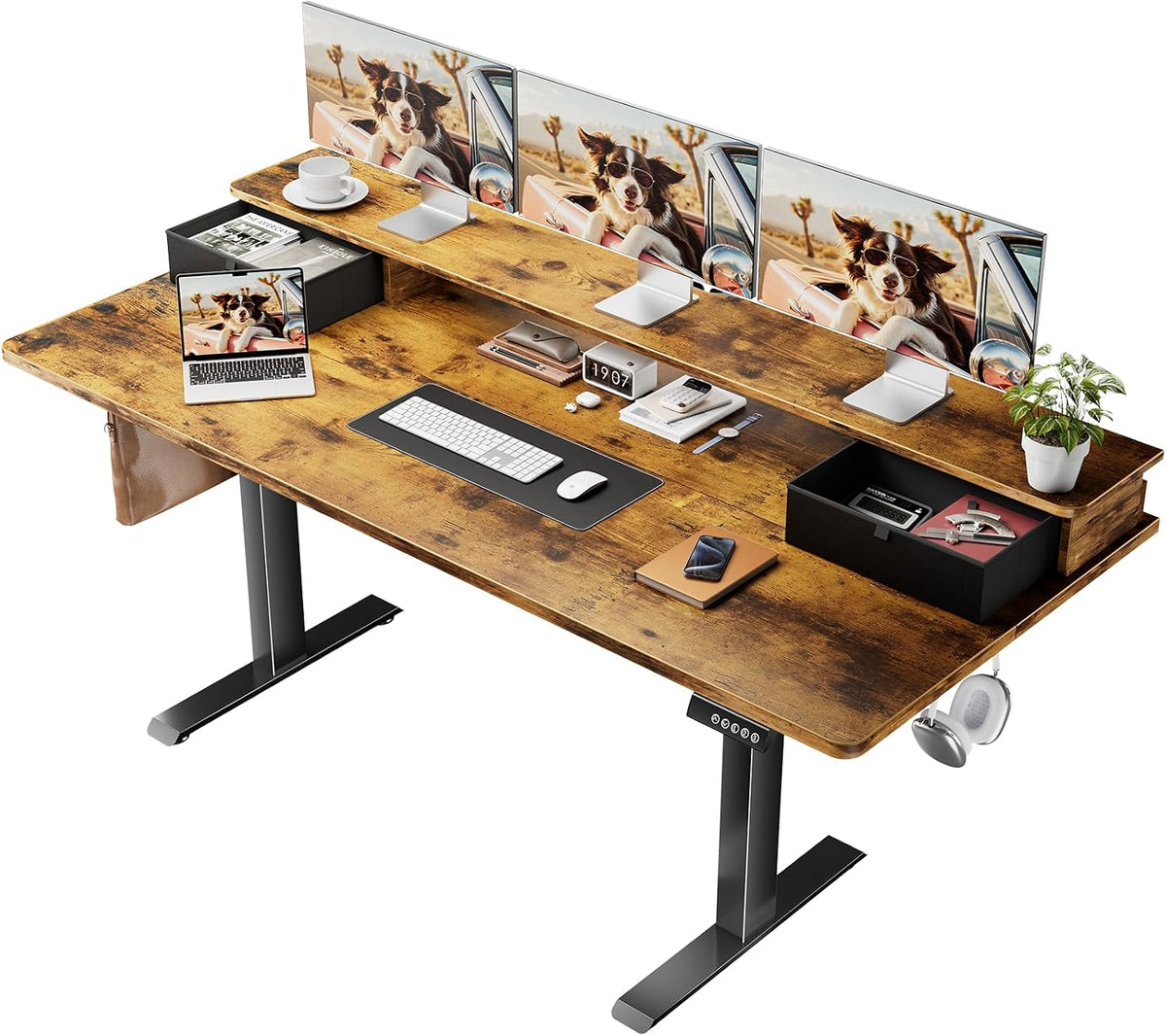 Veken 47x28 in Electric Standing Desk with Drawers, Adjustable Table, Brown