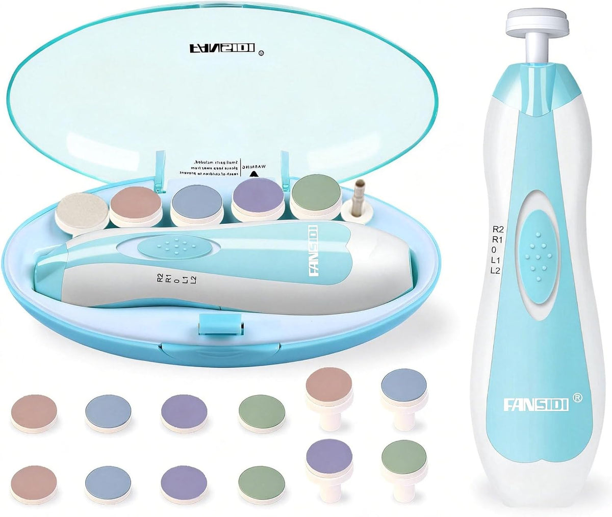 Fansidi Baby Nail Trimmer Electric, Easy & Safe Nail File for Newborn Infant Toddler, Whisper-Quiet Nighttime Use, 4-Stage Age-Matched Grinding Heads, LED Light, 18-Piece Kit, Blue, Baby Shower Gift