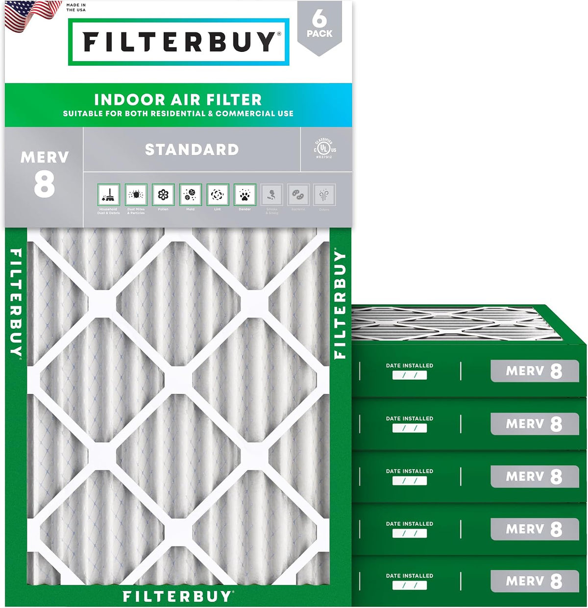 Filterbuy 16x25x1 Air Filter MERV 8 Dust & Allergy Defense (6-Pack)