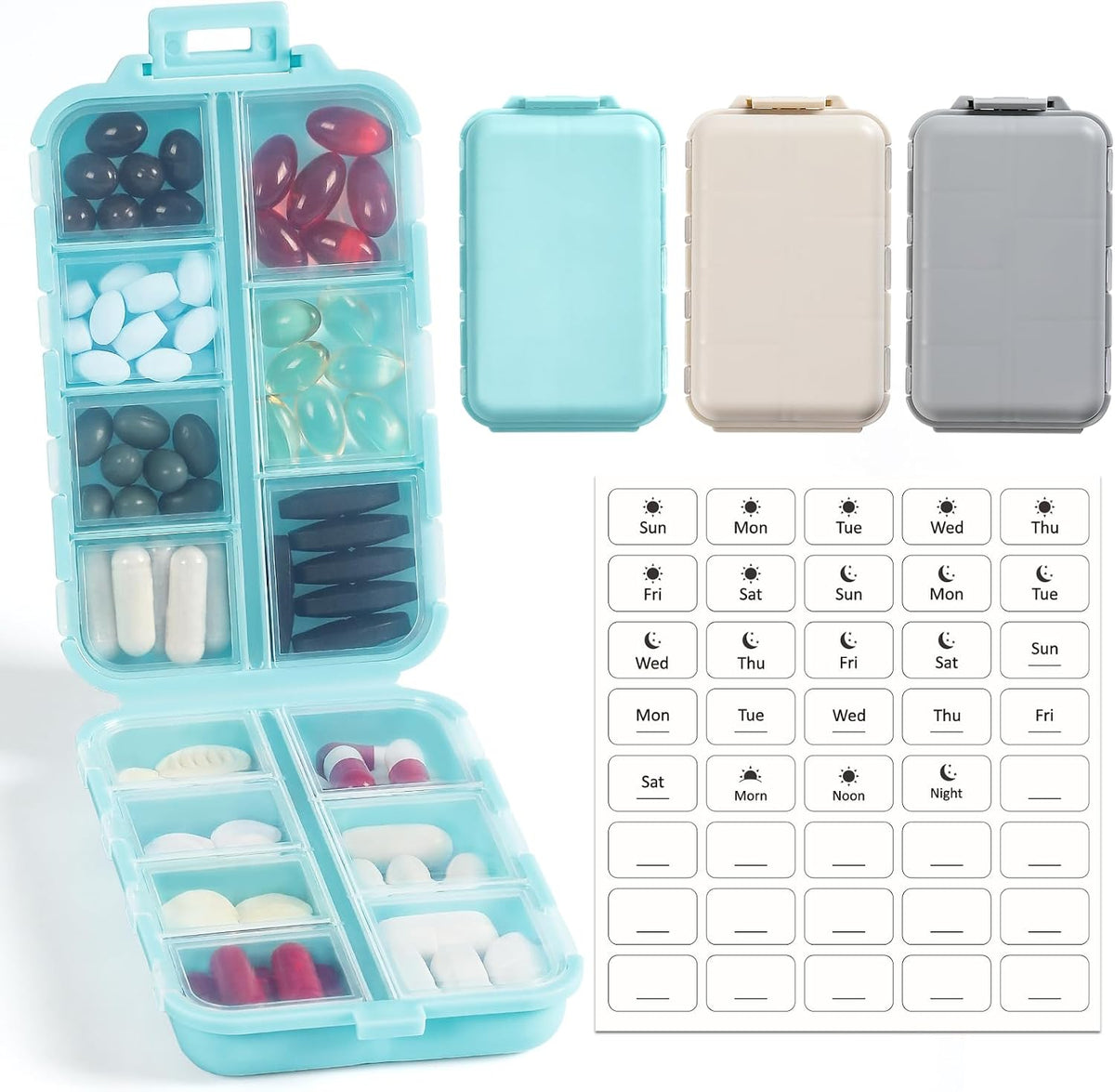LANDNEOO 14 Grids Pill Organizer Box with Labels, Travel Medication Holder Dispenser Case Kit, Pocket Daily Pharmacy Container for Fish Oil Vitamin Supplement Storage, Khaki Pink Grey, 3 Pack