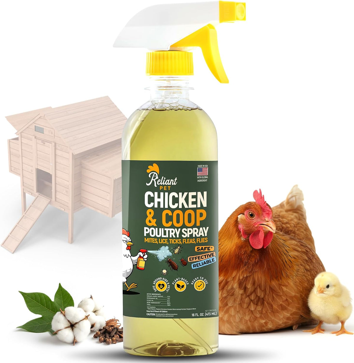 Reliant Pet Chicken and Coop Poultry Spray for Mite's Lice Ticks Fleas and Flies - Dust Mite Spray 16oz - Chicken Coop Fly Spray - Made in USA - Chicken Coop Accessories