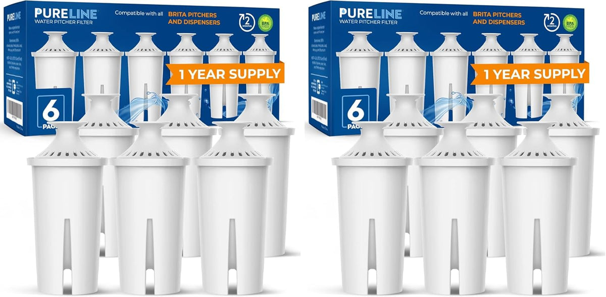 Pureline Replacement for Brita® Filter, Pitchers and Dispensers, Classic 35557, OB03, Mavea® 107007, Replacement for Brita® Pitchers Grand, Lake, Capri, Wave and More (6 Pack)