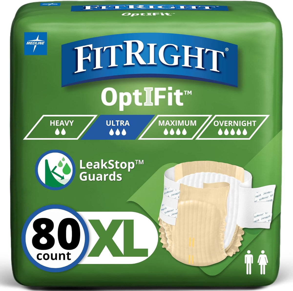 FitRight Adult Diapers, Ultra Heavy Absorbency, L (Waist Size 44in-56in), 20 Count, OptiFit Incontinence Briefs for Men and Women, Disposable, Moisture-Wicking, Leak Protection,