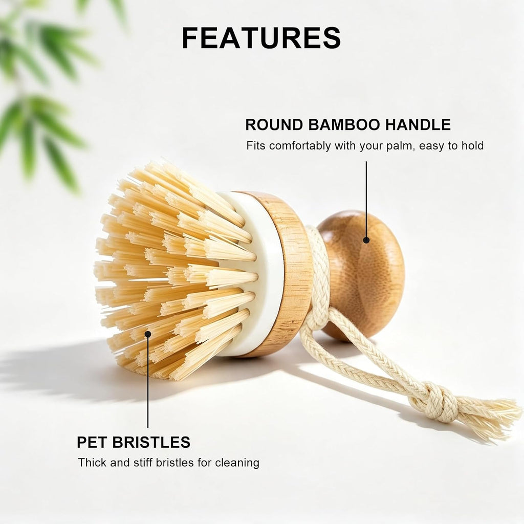 Bamboo Dish Scrubber 2 Pack Kitchen Brushes for Dishes Cleaning
