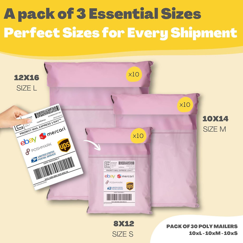 Shipping Bags (30 Pack) with Label Pouch - 8x12, 10x14 & 12x16 - Poly Mailers for Clothes, Self-Seal Plastic Mailing Envelopes - Tear & Water-Resistant Packaging Bags for Clothing, Not Padded