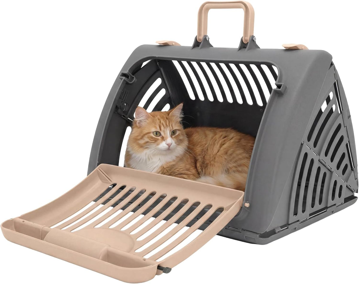 SportPet Large Hard-Sided Travel Cat Carrier - Cat Carrier with Patented Wide Side-Opening Door, Foldable Portable Pet Carrier with Removable Bed for Cats & Small Pets up to 25lbs - Gray