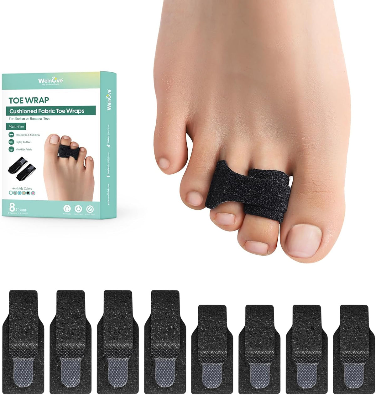 Welnove Hammer Toe Straightener and Corrector - Broken Toe Wraps 8 Ct Large