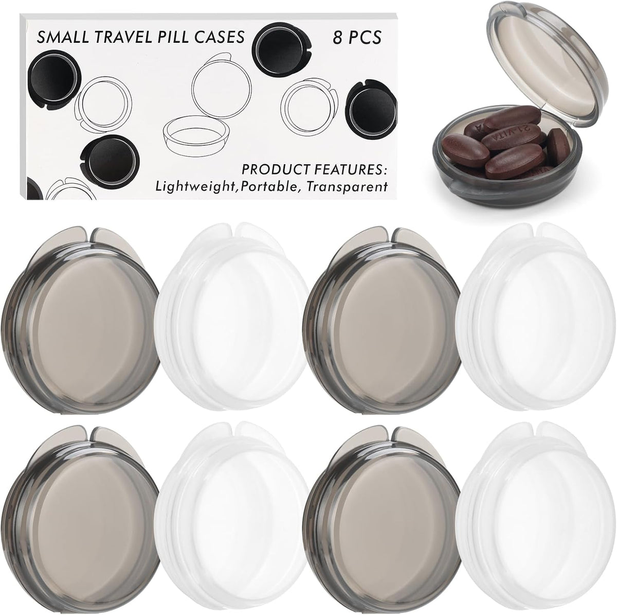 Small Pill Case, 8 Pack Round Pill Storage Boxes, Portable Tiny Pill Organizer Container for Pocket Purse, Compact Plastic Medicine Caddy Dispenser for Work, Caping, Trip, Travel - Colorful