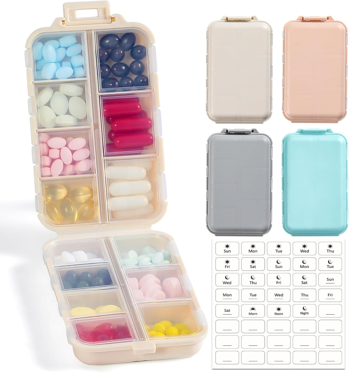 LANDNEOO 14 Grids Pill Organizer Box with Labels, Travel Medication Holder Dispenser Case Kit, Pocket Daily Pharmacy Container for Fish Oil Vitamin Supplement Storage, Khaki Pink Grey, 3 Pack