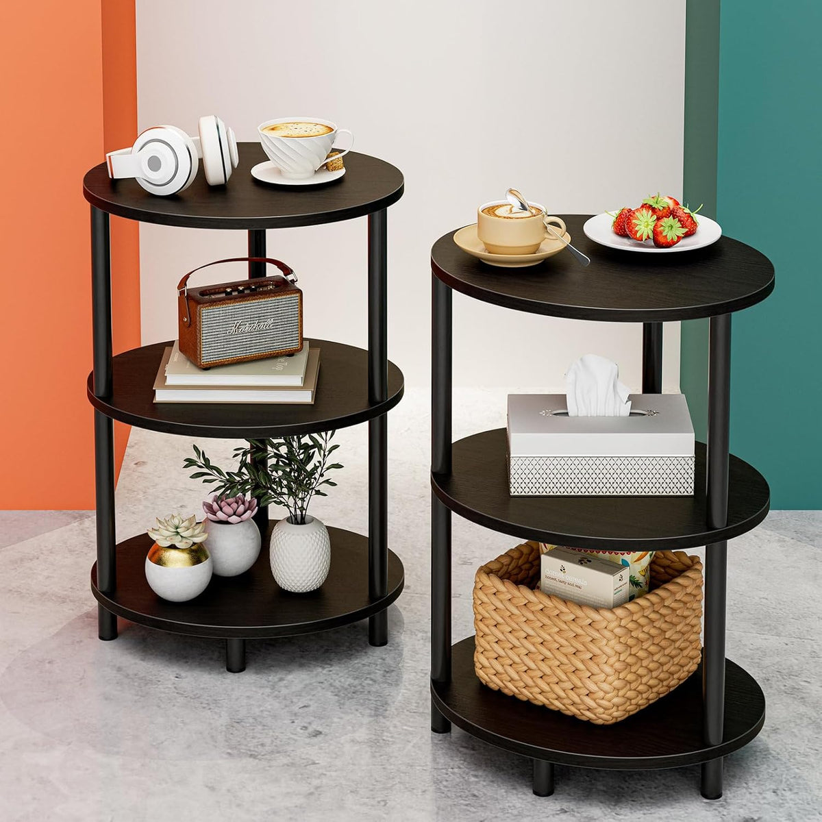 Round Small End Table - 3 Tier Oval Accent Table for Small Spaces, Rustic Wood and Metal Couch Side Table, Nightstand for Bedroom or End Table Living Room, Easy to Assemble, Rustic Brown