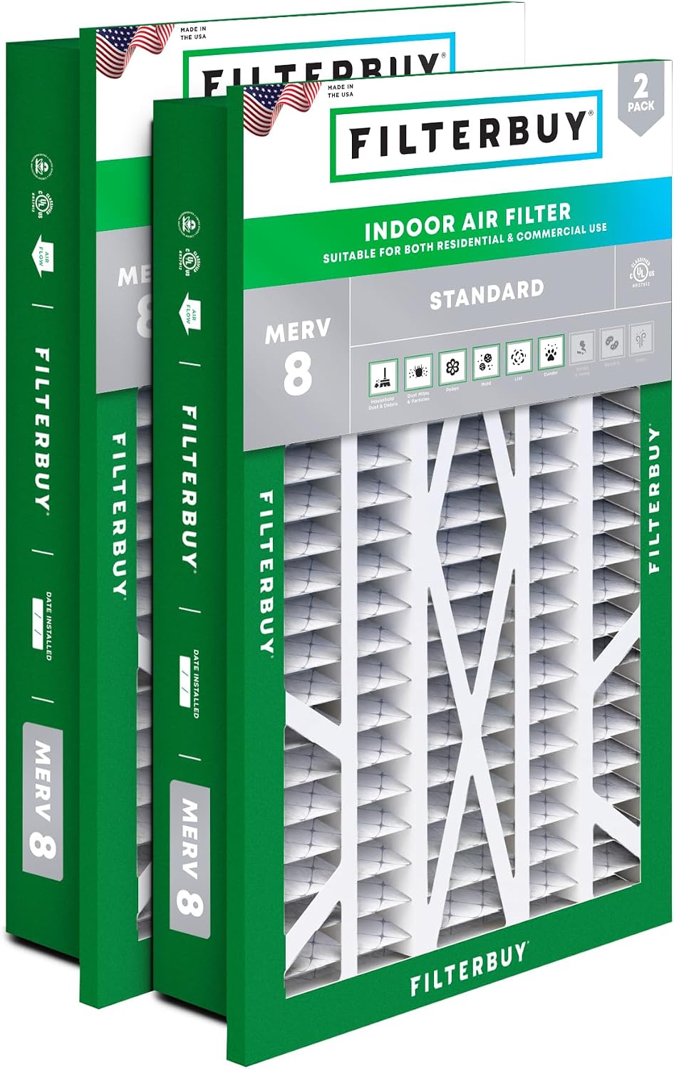 Filterbuy 20x25x5 Air Filter MERV 8 Dust & Allergy Defense (2-Pack)