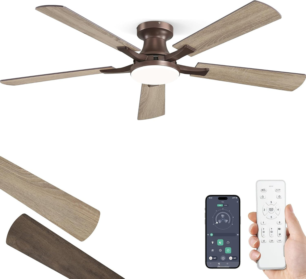 ZMISHIBO 52 Inch Ceiling Fans with Lights, Remote&App Control, Flush Mount
