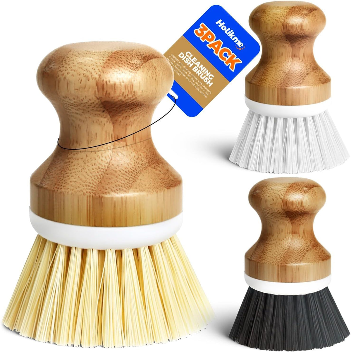 Holikme 3 Pack Dish Brush with Bamboo Handle Cleaning Brush,White Black